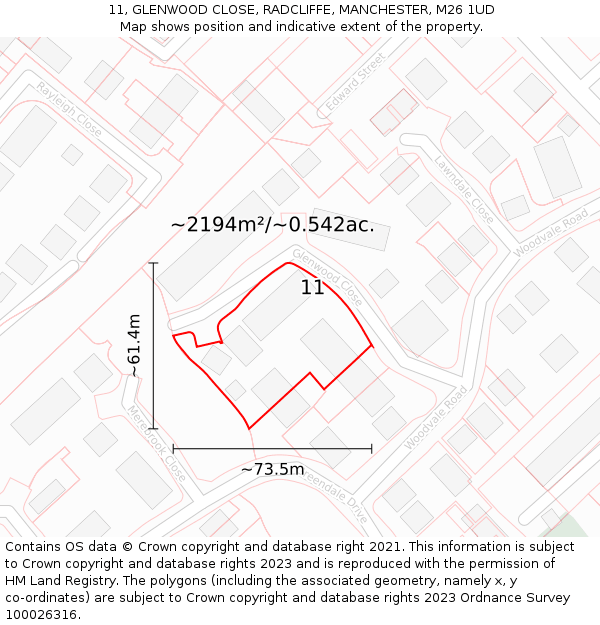 11, GLENWOOD CLOSE, RADCLIFFE, MANCHESTER, M26 1UD: Plot and title map