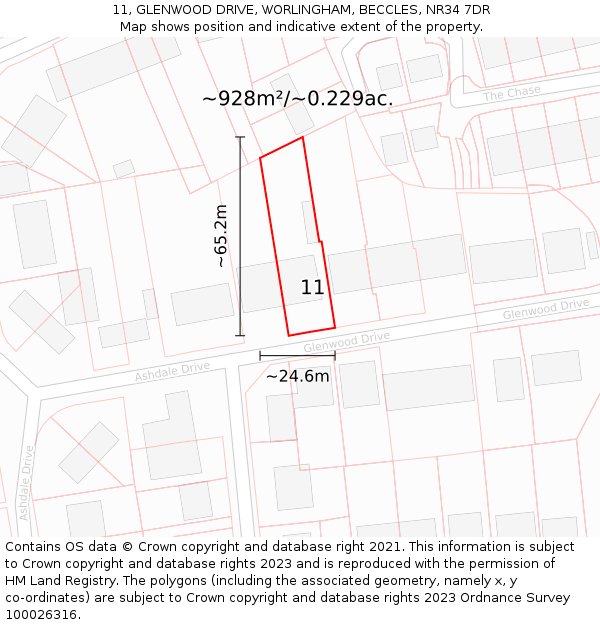 11, GLENWOOD DRIVE, WORLINGHAM, BECCLES, NR34 7DR: Plot and title map