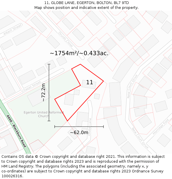 11, GLOBE LANE, EGERTON, BOLTON, BL7 9TD: Plot and title map