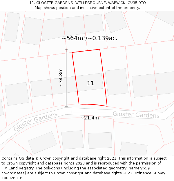 11, GLOSTER GARDENS, WELLESBOURNE, WARWICK, CV35 9TQ: Plot and title map