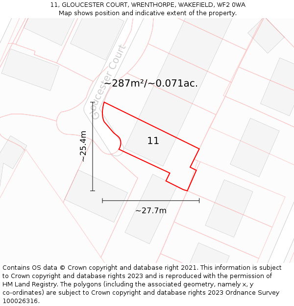 11, GLOUCESTER COURT, WRENTHORPE, WAKEFIELD, WF2 0WA: Plot and title map