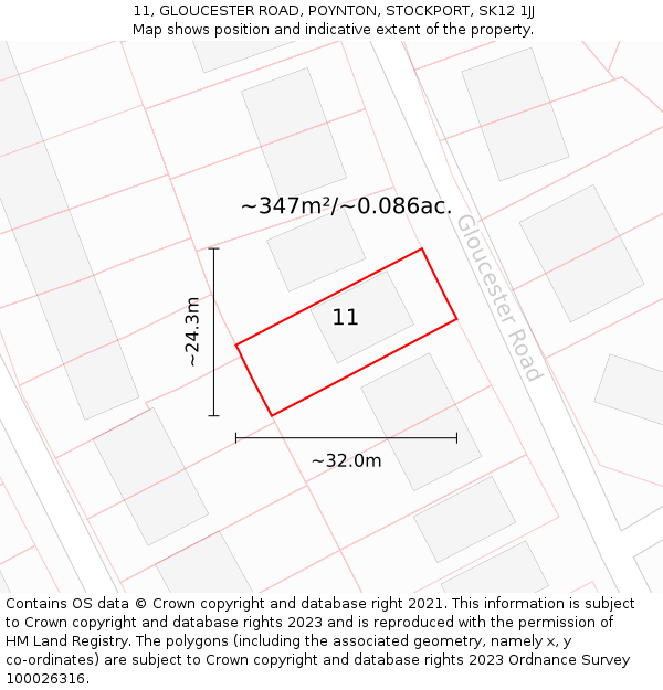 11, GLOUCESTER ROAD, POYNTON, STOCKPORT, SK12 1JJ: Plot and title map