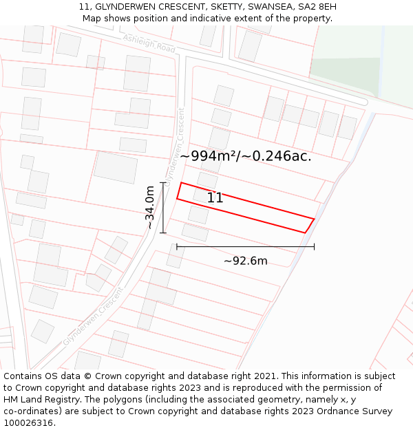 11, GLYNDERWEN CRESCENT, SKETTY, SWANSEA, SA2 8EH: Plot and title map