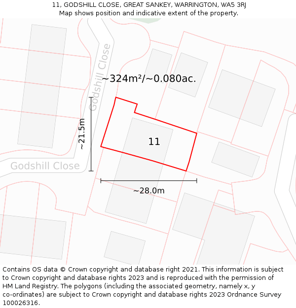 11, GODSHILL CLOSE, GREAT SANKEY, WARRINGTON, WA5 3RJ: Plot and title map
