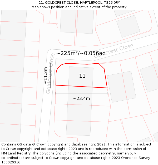 11, GOLDCREST CLOSE, HARTLEPOOL, TS26 0RY: Plot and title map