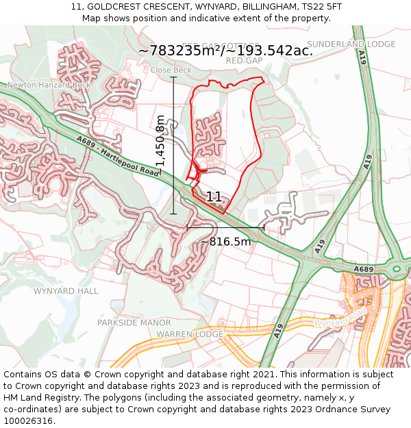 11, GOLDCREST CRESCENT, WYNYARD, BILLINGHAM, TS22 5FT: Plot and title map