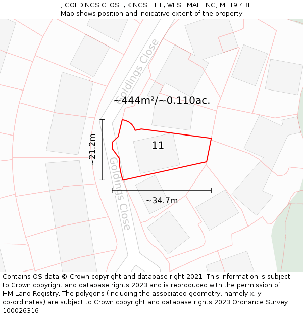 11, GOLDINGS CLOSE, KINGS HILL, WEST MALLING, ME19 4BE: Plot and title map