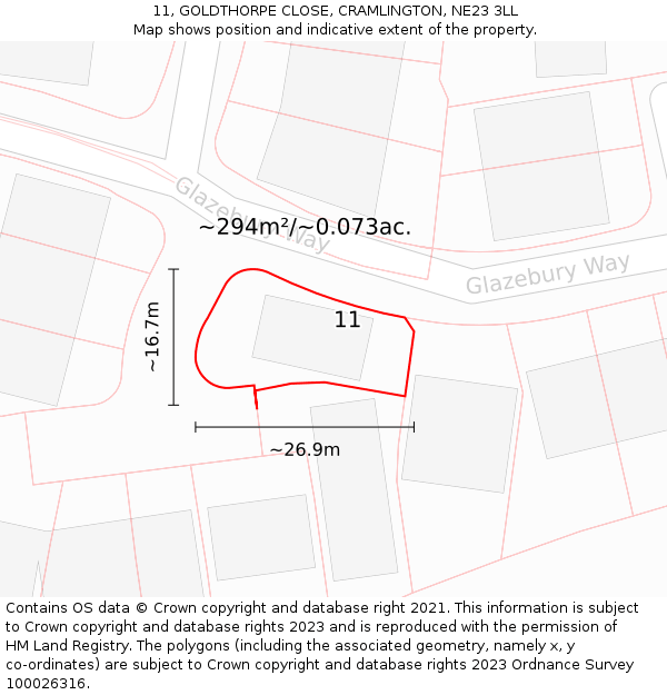 11, GOLDTHORPE CLOSE, CRAMLINGTON, NE23 3LL: Plot and title map