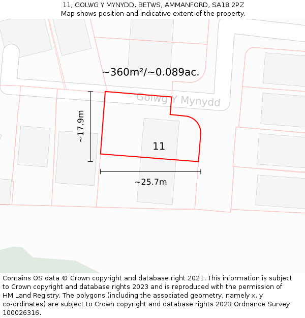 11, GOLWG Y MYNYDD, BETWS, AMMANFORD, SA18 2PZ: Plot and title map
