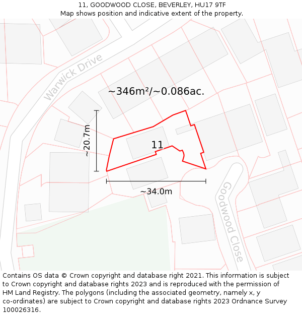 11, GOODWOOD CLOSE, BEVERLEY, HU17 9TF: Plot and title map