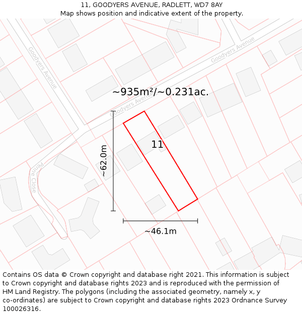 11, GOODYERS AVENUE, RADLETT, WD7 8AY: Plot and title map