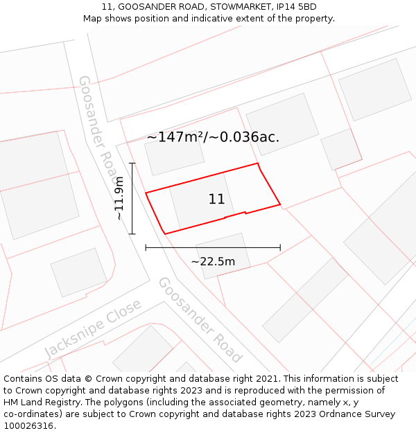 11, GOOSANDER ROAD, STOWMARKET, IP14 5BD: Plot and title map