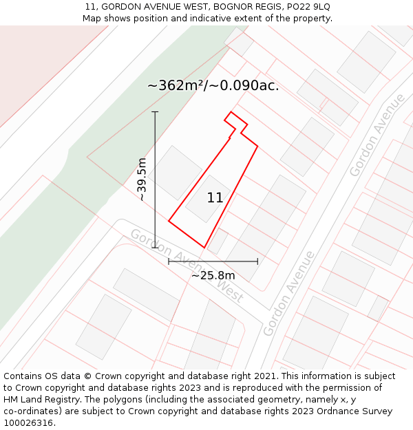 11, GORDON AVENUE WEST, BOGNOR REGIS, PO22 9LQ: Plot and title map