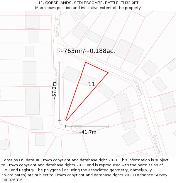 11, GORSELANDS, SEDLESCOMBE, BATTLE, TN33 0PT: Plot and title map