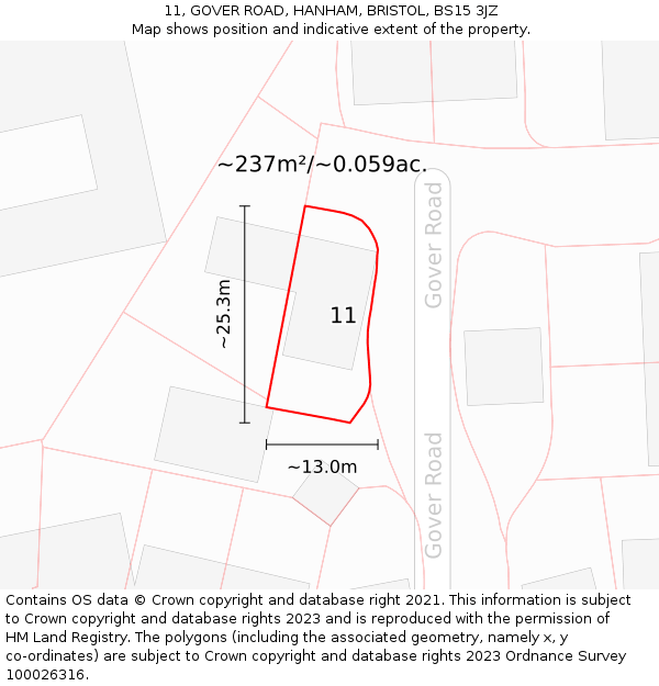 11, GOVER ROAD, HANHAM, BRISTOL, BS15 3JZ: Plot and title map