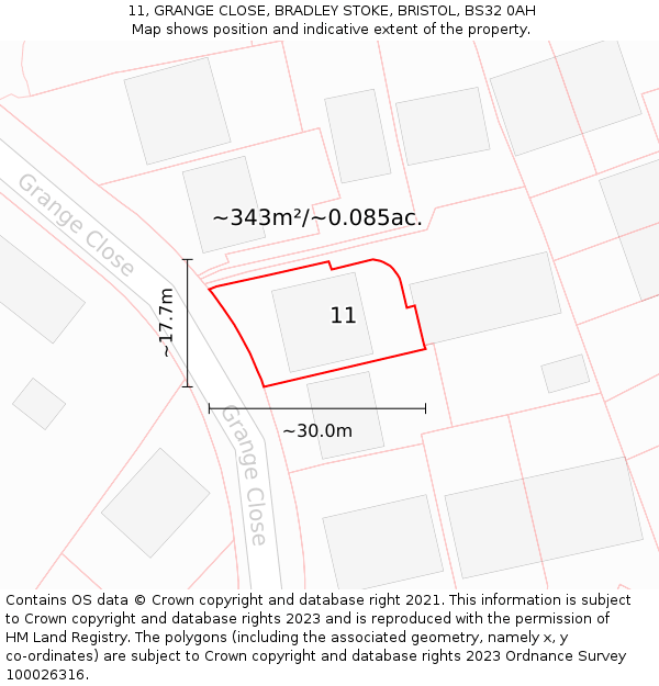 11, GRANGE CLOSE, BRADLEY STOKE, BRISTOL, BS32 0AH: Plot and title map