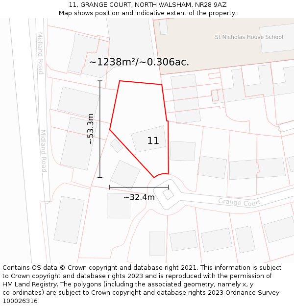 11, GRANGE COURT, NORTH WALSHAM, NR28 9AZ: Plot and title map