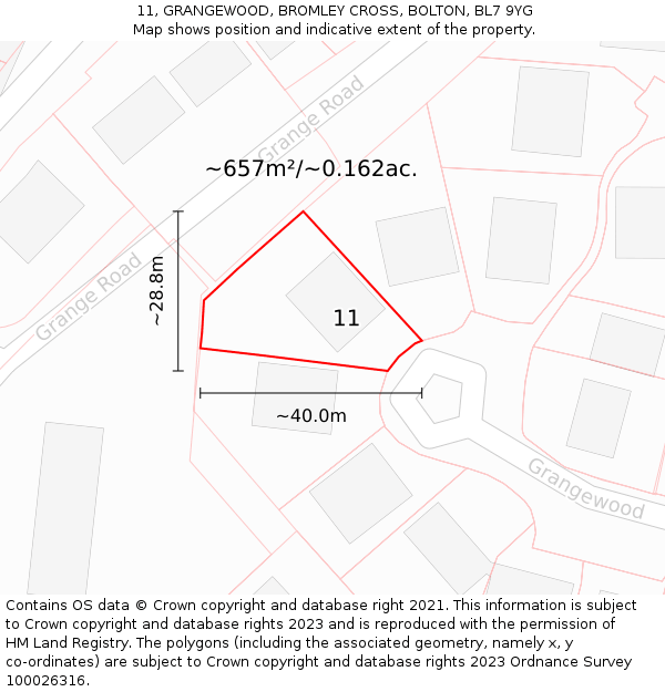 11, GRANGEWOOD, BROMLEY CROSS, BOLTON, BL7 9YG: Plot and title map