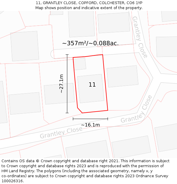 11, GRANTLEY CLOSE, COPFORD, COLCHESTER, CO6 1YP: Plot and title map