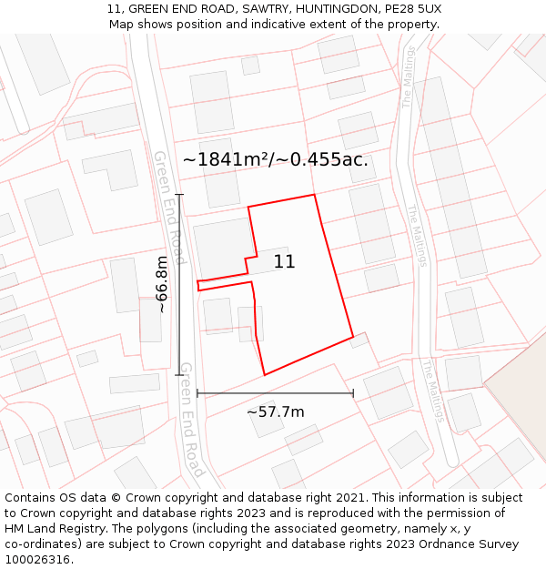 11, GREEN END ROAD, SAWTRY, HUNTINGDON, PE28 5UX: Plot and title map