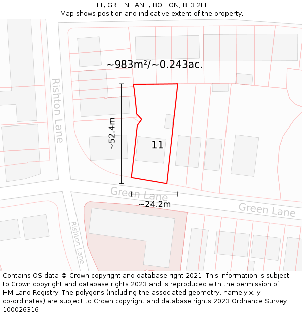 11, GREEN LANE, BOLTON, BL3 2EE: Plot and title map