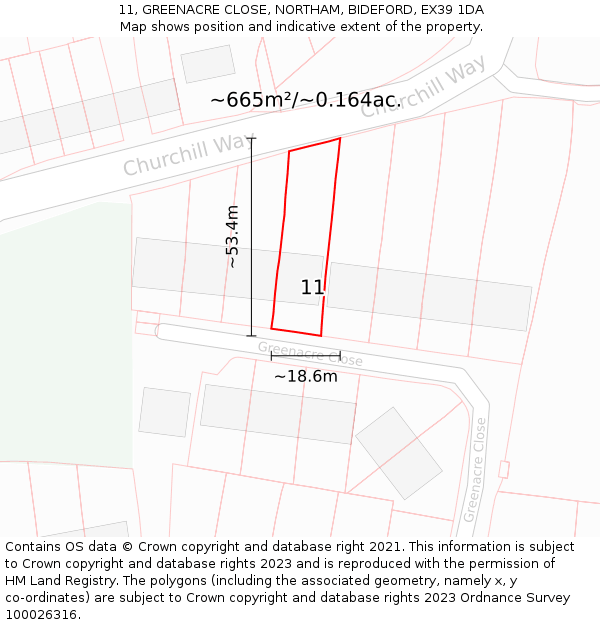 11, GREENACRE CLOSE, NORTHAM, BIDEFORD, EX39 1DA: Plot and title map