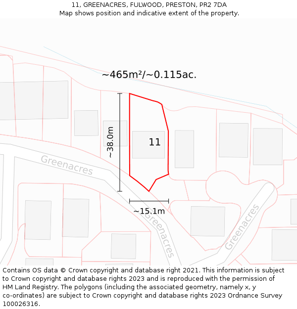 11, GREENACRES, FULWOOD, PRESTON, PR2 7DA: Plot and title map