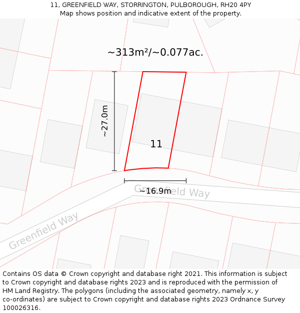 11, GREENFIELD WAY, STORRINGTON, PULBOROUGH, RH20 4PY: Plot and title map