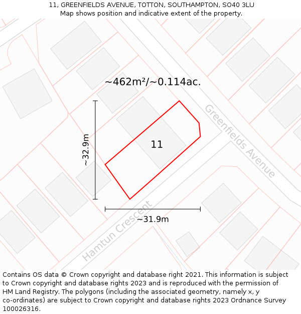 11, GREENFIELDS AVENUE, TOTTON, SOUTHAMPTON, SO40 3LU: Plot and title map