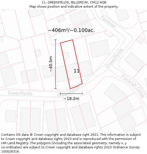 11, GREENFIELDS, BILLERICAY, CM12 9QB: Plot and title map