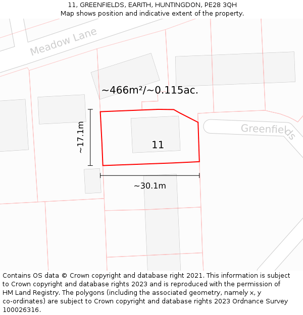 11, GREENFIELDS, EARITH, HUNTINGDON, PE28 3QH: Plot and title map