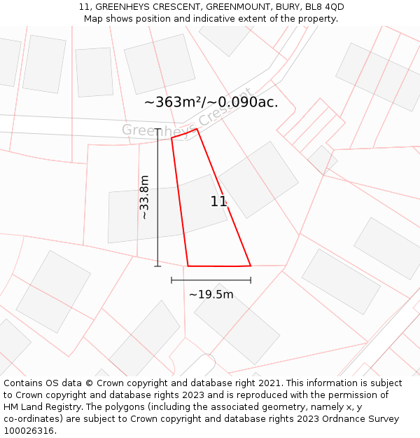 11, GREENHEYS CRESCENT, GREENMOUNT, BURY, BL8 4QD: Plot and title map
