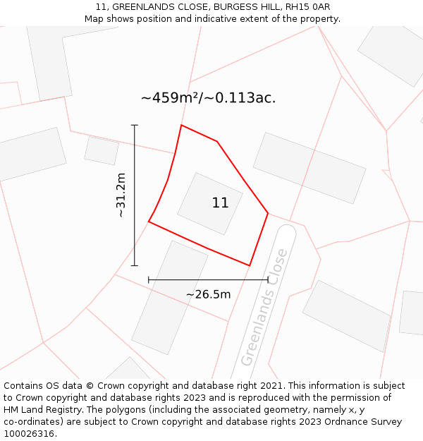 11, GREENLANDS CLOSE, BURGESS HILL, RH15 0AR: Plot and title map