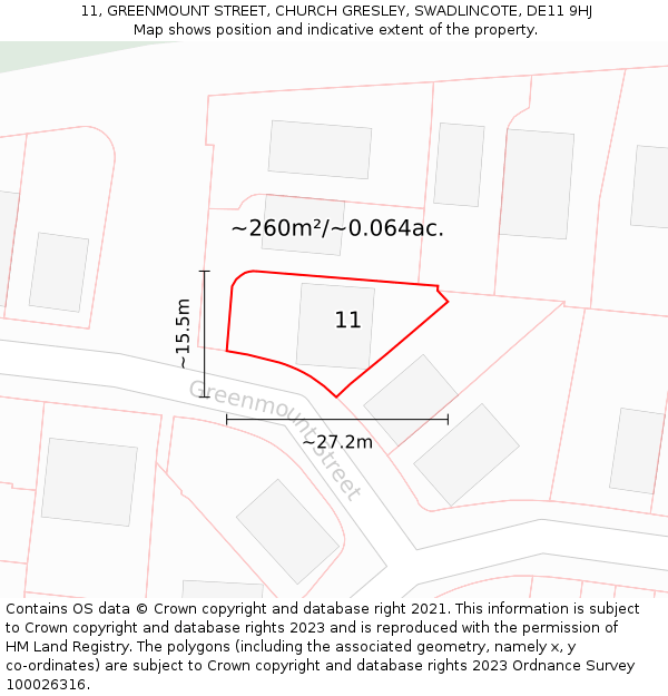 11, GREENMOUNT STREET, CHURCH GRESLEY, SWADLINCOTE, DE11 9HJ: Plot and title map