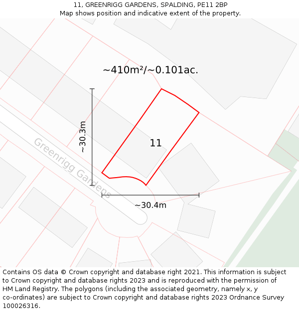 11, GREENRIGG GARDENS, SPALDING, PE11 2BP: Plot and title map