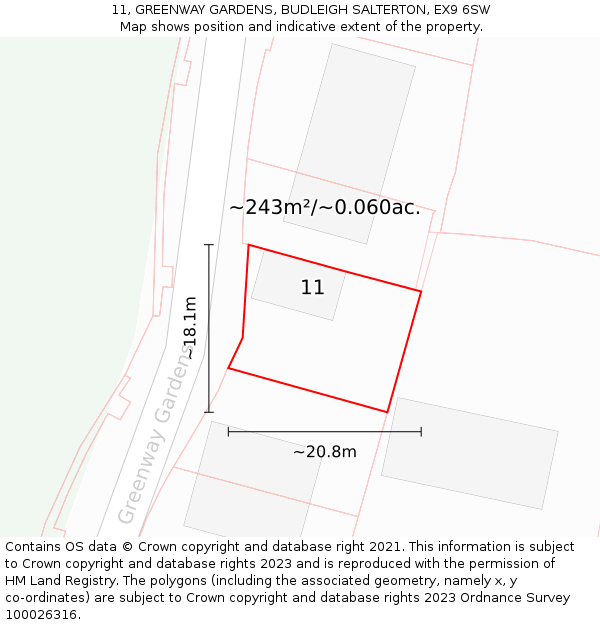 11, GREENWAY GARDENS, BUDLEIGH SALTERTON, EX9 6SW: Plot and title map