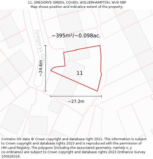 11, GREGORYS GREEN, COVEN, WOLVERHAMPTON, WV9 5BP: Plot and title map