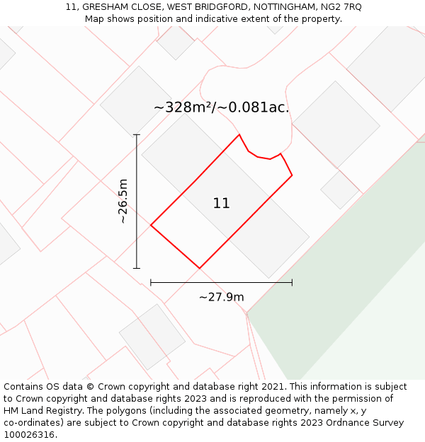 11, GRESHAM CLOSE, WEST BRIDGFORD, NOTTINGHAM, NG2 7RQ: Plot and title map