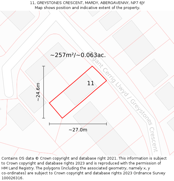 11, GREYSTONES CRESCENT, MARDY, ABERGAVENNY, NP7 6JY: Plot and title map