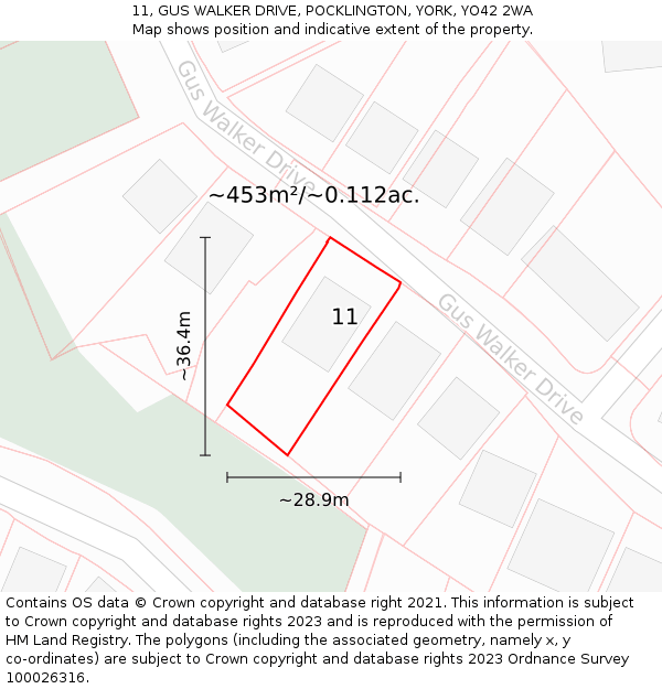 11, GUS WALKER DRIVE, POCKLINGTON, YORK, YO42 2WA: Plot and title map