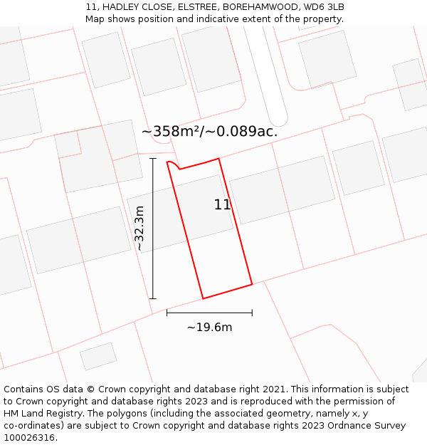 11, HADLEY CLOSE, ELSTREE, BOREHAMWOOD, WD6 3LB: Plot and title map