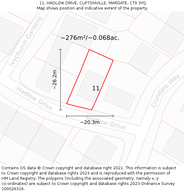 11, HADLOW DRIVE, CLIFTONVILLE, MARGATE, CT9 3YQ: Plot and title map