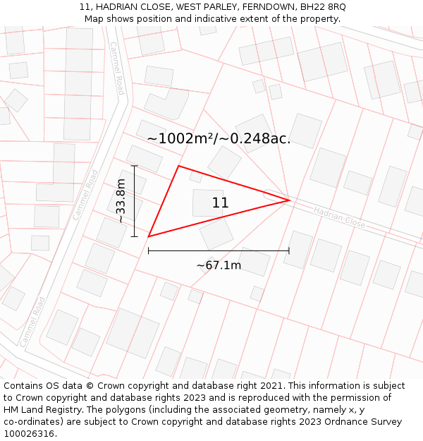 11, HADRIAN CLOSE, WEST PARLEY, FERNDOWN, BH22 8RQ: Plot and title map