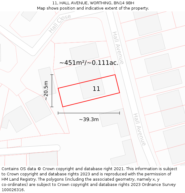 11, HALL AVENUE, WORTHING, BN14 9BH: Plot and title map