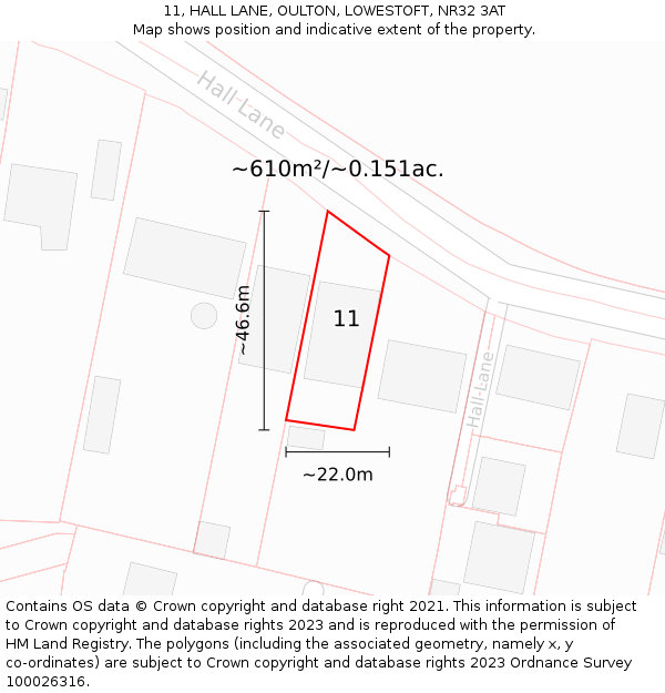 11, HALL LANE, OULTON, LOWESTOFT, NR32 3AT: Plot and title map