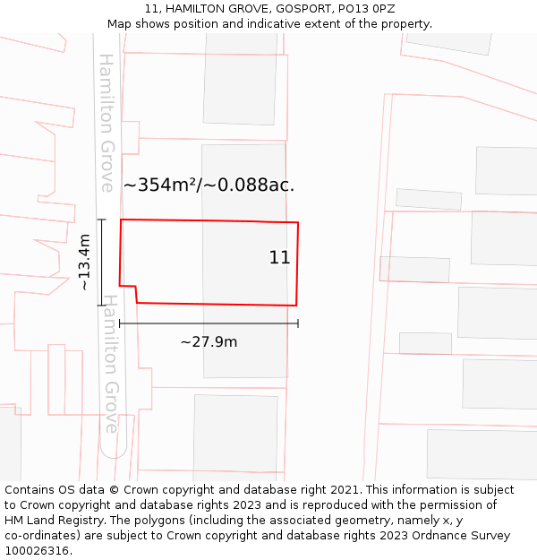 11, HAMILTON GROVE, GOSPORT, PO13 0PZ: Plot and title map