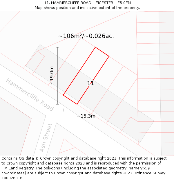 11, HAMMERCLIFFE ROAD, LEICESTER, LE5 0EN: Plot and title map