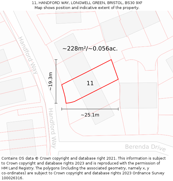 11, HANDFORD WAY, LONGWELL GREEN, BRISTOL, BS30 9XF: Plot and title map