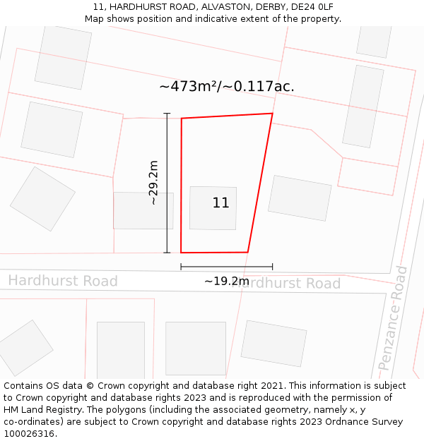 11, HARDHURST ROAD, ALVASTON, DERBY, DE24 0LF: Plot and title map