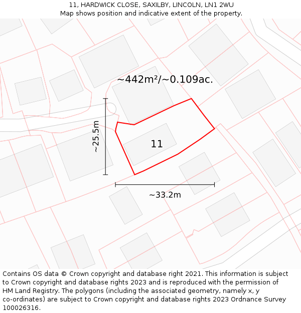 11, HARDWICK CLOSE, SAXILBY, LINCOLN, LN1 2WU: Plot and title map